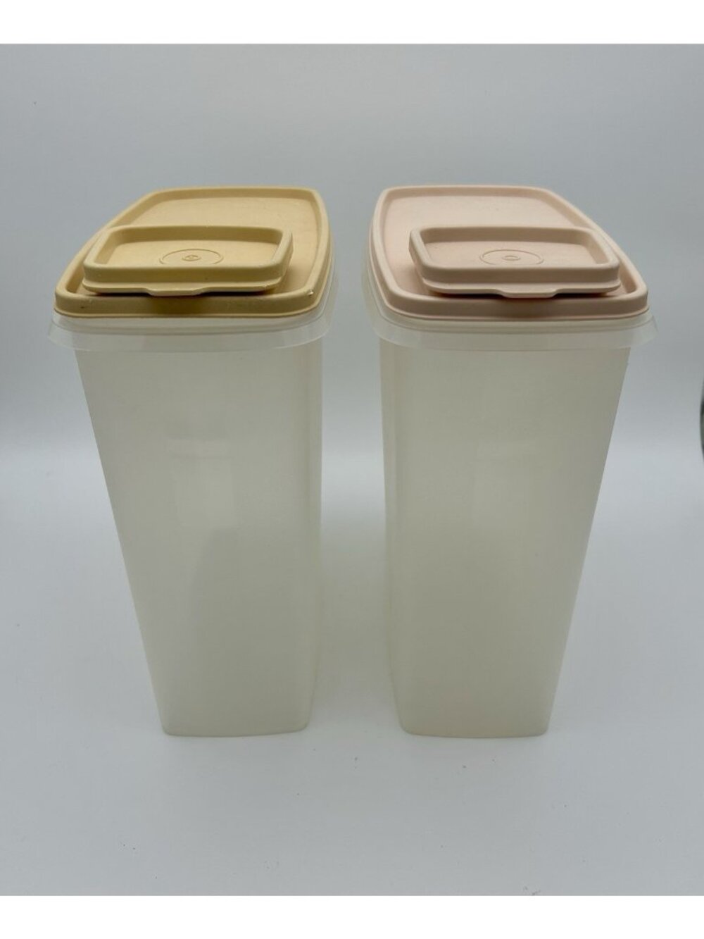 2 Vintage Tupperware Cereal Keepers 1588 w/ Lids 1590-Beige and Pinkish Tan Lids